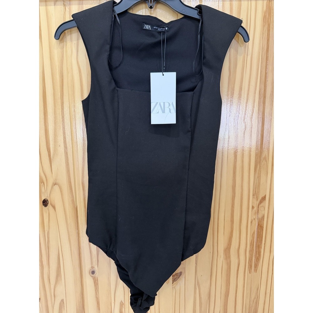 Zara Bodysuit Womens XS Black‎ Square Neck Cap Sleeve Jersey One Piece Stretch